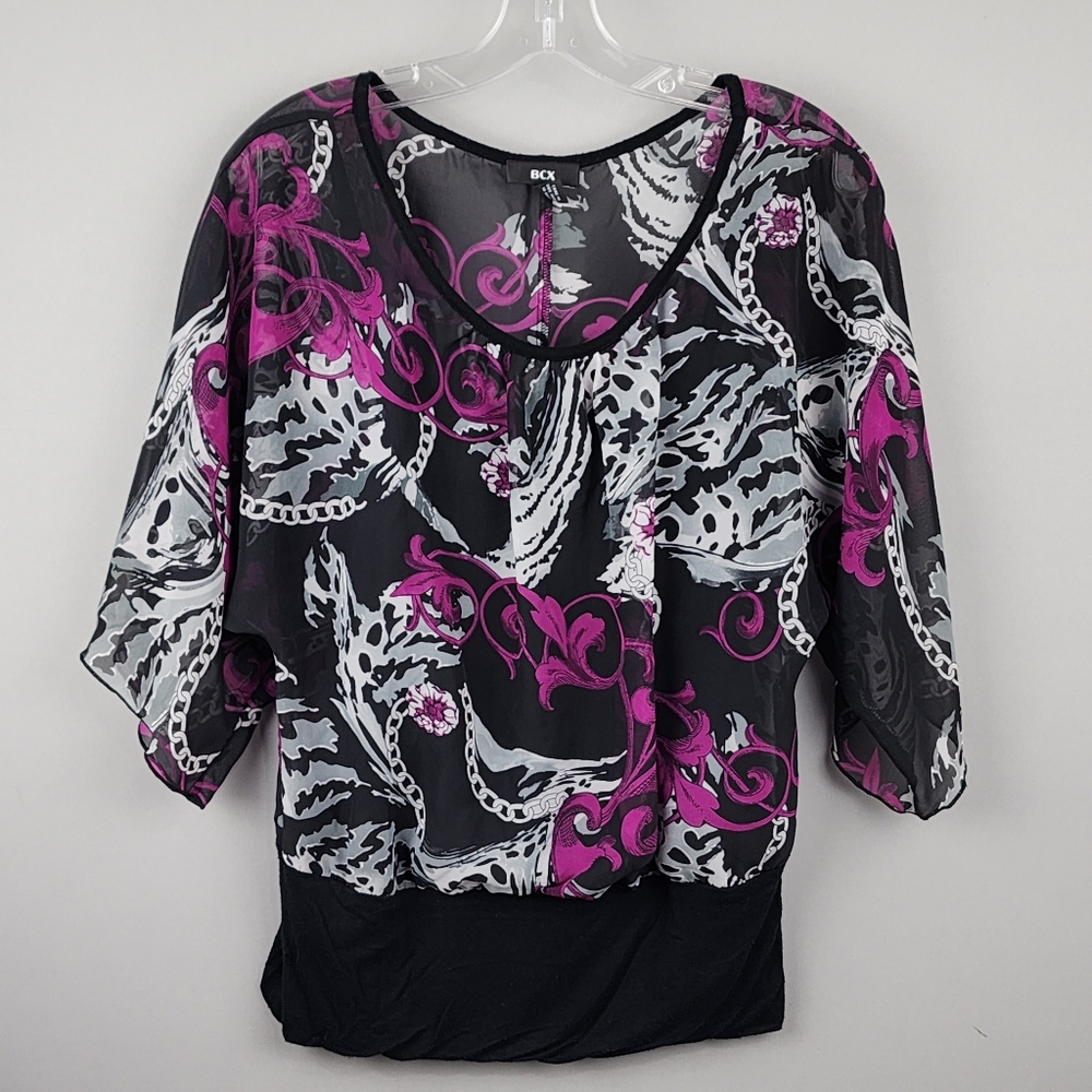 BCX Shirt -  Black and Purple Patterned Sheer Top Sz Large